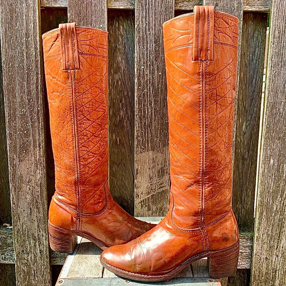 FRYE True Vintage Black Label Embroidered Stitching Tall Knee High Boots, Size 7 - Picture 2 of 15